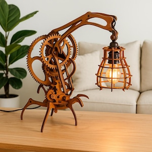 スチームパンク風木製テーブルランプ（SVG）、メカニカルギアランプ（レーザーカットファイル）、CNC Glowforgeライトデコレーション、ヴィンテージインダストリアルランタン（DXF LS7）