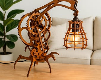 Lámpara de mesa de madera Steampunk SVG, archivos cortados por láser para lámpara de engranajes mecánicos, decoración de luz CNC Glowforge, linterna industrial vintage DXF LS7
