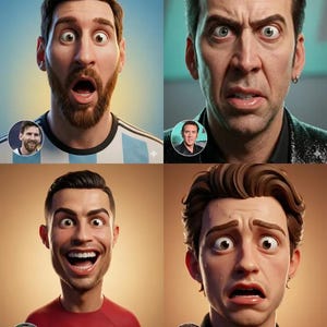 May include: Four cartoon portraits of famous people with exaggerated expressions of surprise. The image includes Lionel Messi, Nicolas Cage, Cristiano Ronaldo, and Tom Holland. Each portrait has a smaller image of the person in the bottom left corner.
