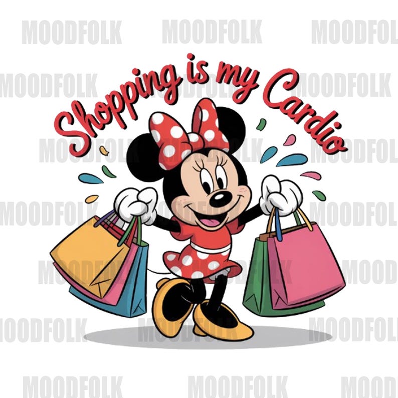 Puede incluir: Ilustraci&oacute;n de dibujos animados de Minnie Mouse con un vestido y lazo de lunares rojos, sosteniendo bolsas de compras. El texto "Shopping is my Cardio" est&aacute; encima de ella. Acentos coloridos y la marca de agua "Moodfolk" son visibles.