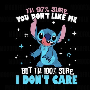 Puede incluir: Un personaje de dibujos animados azul con orejas grandes y una lengua que sobresale, sobre un fondo negro con estrellas blancas. El texto dice: "Estoy 97% seguro de que no te gusto, pero estoy 100% seguro de que no me importa."