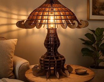 Houten tafellamp lasergesneden bestanden, vintage lampenkap SVG, 3D-puzzellampsjabloon, Glowforge xTool Light Decor, lasergesneden lamppatroon LS1