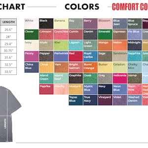 Może przedstawiać: Tabela rozmiar&oacute;w i pr&oacute;bki kolor&oacute;w dla koszulek Comfort Color 1717. Tabela rozmiar&oacute;w pokazuje wymiary w calach dla rozmiar&oacute;w od S do 4XL. Opcje kolor&oacute;w obejmują biały, czarny i r&oacute;żne odcienie niebieskiego, zielonego i r&oacute;żowego.