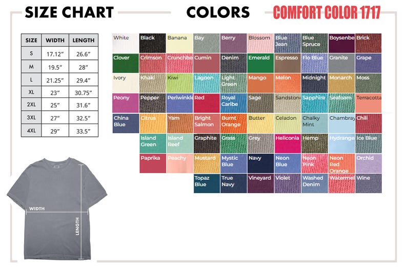 Może przedstawiać: Tabela rozmiar&oacute;w i pr&oacute;bki kolor&oacute;w dla koszulek Comfort Color 1717. Tabela rozmiar&oacute;w pokazuje wymiary w calach dla rozmiar&oacute;w od S do 4XL. Opcje kolor&oacute;w obejmują biały, czarny i r&oacute;żne odcienie niebieskiego, zielonego i r&oacute;żowego.