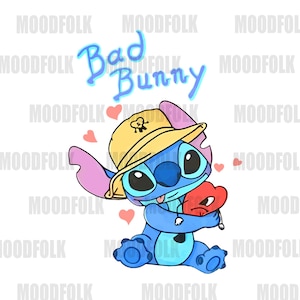 May include: A blue cartoon character wearing a yellow hat and holding a red heart. The text "Bad Bunny" is written above the character in blue. Pink hearts are scattered around the character.