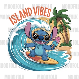 Puede incluir: Ilustraci&oacute;n de dibujos animados de un personaje alien&iacute;gena azul surfeando una ola. El personaje lleva gafas de sol y sostiene un helado. Las palabras "ISLAND VIBES" est&aacute;n en texto naranja encima del personaje. Palmeras y una playa en el fondo.