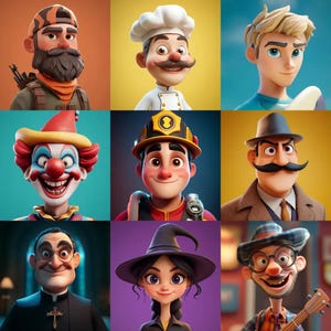 Puede incluir: Nueve retratos de dibujos animados de varias profesiones y personajes. Los personajes incluyen un soldado, un chef, un surfista, un payaso, un bombero, un detective, un sacerdote, una bruja y un músico. Cada personaje está representado con rasgos exagerados y colores vibrantes.