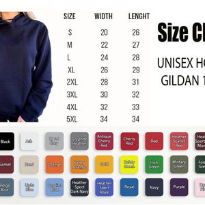 Może przedstawiać: Granatowa bluza z kapturem unisex z przednią kieszenią i kapturem ze sznurkiem. Obraz zawiera tabelę rozmiar&oacute;w i paletę kolor&oacute;w z r&oacute;żnymi opcjami. Bluza z kapturem to Gildan 18500.