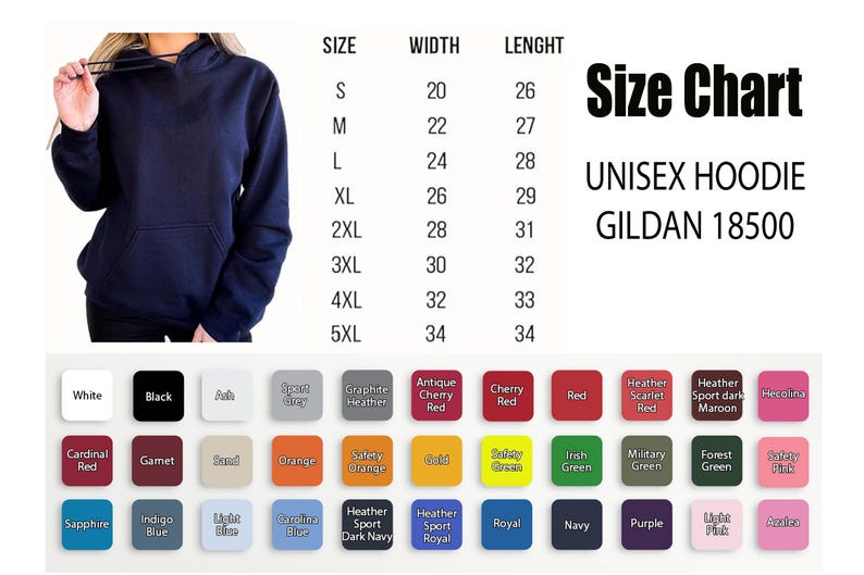 Może przedstawiać: Granatowa bluza z kapturem unisex z przednią kieszenią i kapturem ze sznurkiem. Obraz zawiera tabelę rozmiar&oacute;w i paletę kolor&oacute;w z r&oacute;żnymi opcjami. Bluza z kapturem to Gildan 18500.