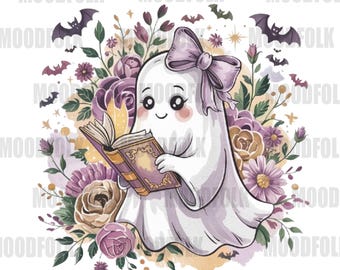 Lindo fantasma leyendo un libro PNG / Clipart floral de Halloween estilo cottagecore / Diseño digital de otoño espeluznante para camisetas, tazas, pegatinas, decoración imprimible H8