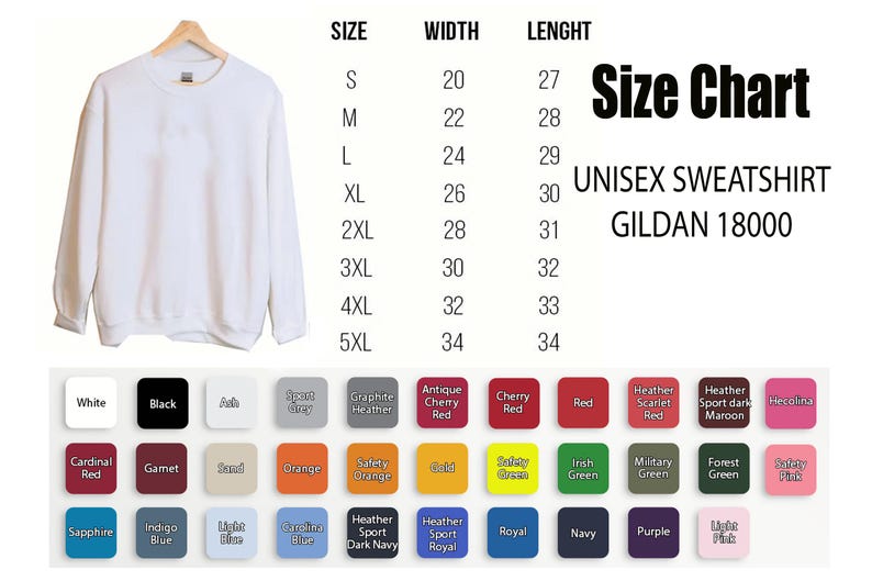 Może przedstawiać: Biała bluza unisex Gildan 18000 wisi na drewnianym wieszaku. Obraz zawiera tabelę rozmiar&oacute;w z wymiarami w centymetrach i paletę kolor&oacute;w z r&oacute;żnymi opcjami.
