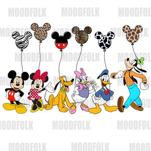 Disney Characters with Balloons - Mickey, Minnie, Goofy, Pluto, Daisy, Donald, Digital Art, Disney Printable Sticker, Disney Fan Art