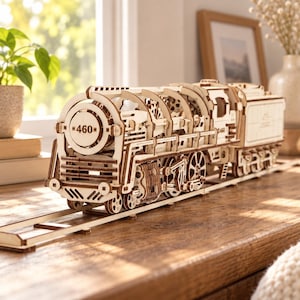 Könnte beinhalten: Eine helle hölzerne Dampflokomotive als Modell mit komplexen Zahnradmechanismen, sichtbaren strukturellen Rippen und der Nummer 460 auf der vorderen runden Platte. Das Modell steht auf einem passenden Abschnitt aus Holzschienen.