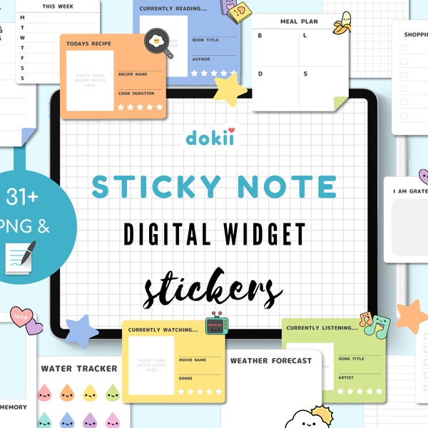 Sticky Note Digital Widget Stickers | 31+ Kawaii Pastel Widgets GoodNotes Pre-Cropped PNG Functional Icons Planner File Download