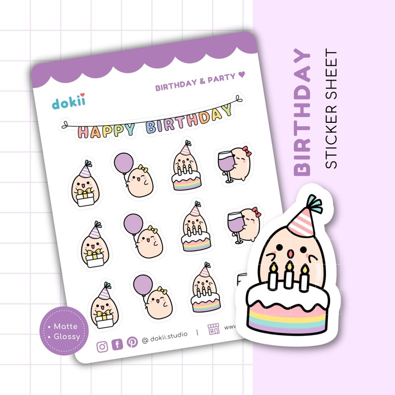 Cute Birthday Sticker Sheet | Kawaii Birthday Planner Stickers Party ...