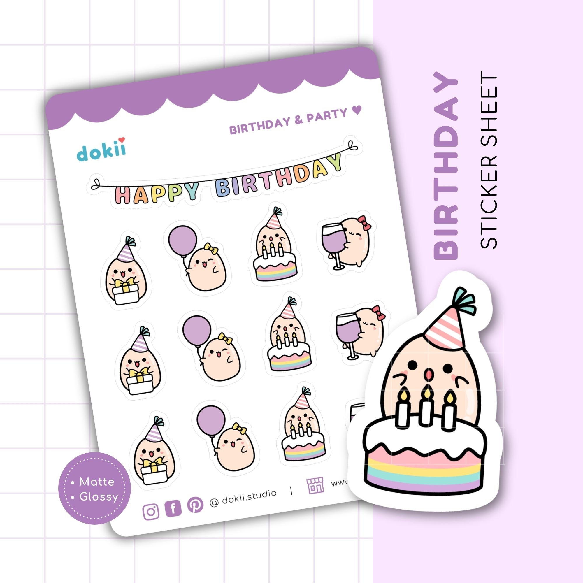 Cute Birthday Sticker Sheet | Kawaii Birthday Planner Stickers Party ...