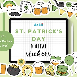 Op de afbeelding: Een set van 51 digitale stickers voor GoodNotes en PNG met een St. Patrick's Day thema. De stickers bevatten een verscheidenheid aan schattige en kleurrijke ontwerpen, zoals klavertjesvier, kabouters, potten met goud en bierglazen.