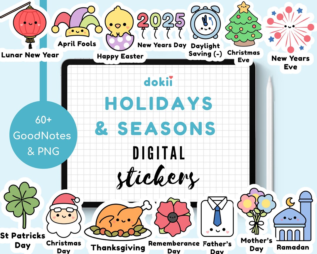 NEW 2025 Holidays Digital Stickers 60 Cute UK & USA Holidays Goodnotes ...