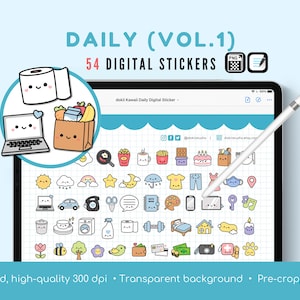 Kawaii Sticker Bundle (Vol. 1) | 54 niedliche Alltagssymbole PNG & vorgeschnittene GoodNotes Planer Aufkleber Digitaler Download