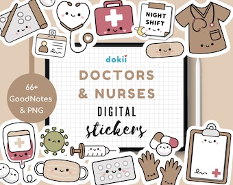 Kawaii Doctors & Nurses Digital Sticker Pack | Cute Medical Workers GoodNotes Digital Planner Stickers PNG Health Pill Tracker Thank You NHS