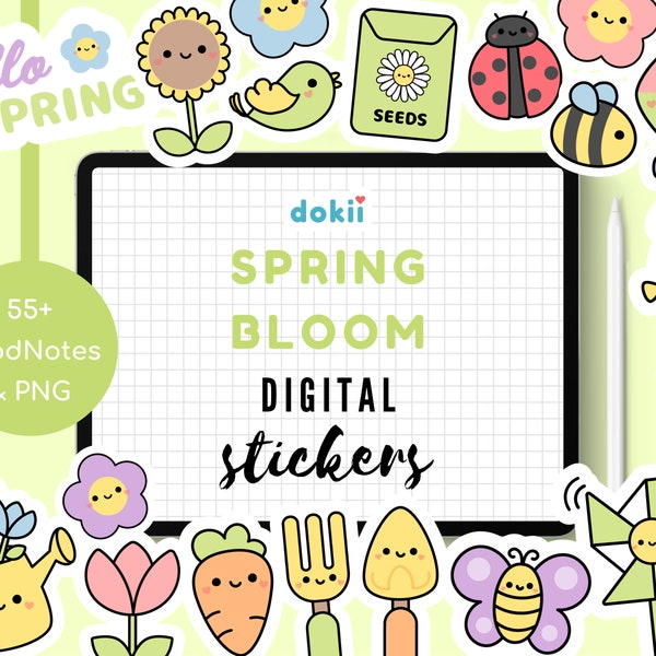 Kawaii Frühling Digitale Sticker Pack | 55 süße Frühling GoodNotes März Digital Planner Stickers PNG Blumen Blumen Tiere Garten Ostern