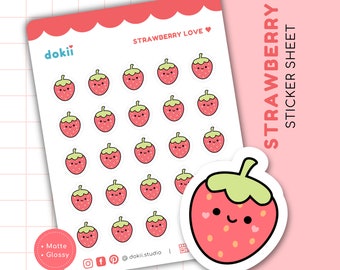 Kawaii Strawberry Sticker Sheet | 25 Cute Strawberry Planner Stickers, Strawberry Lover Sticker Berry Fruit Healthy Meal Planner Sticker UK