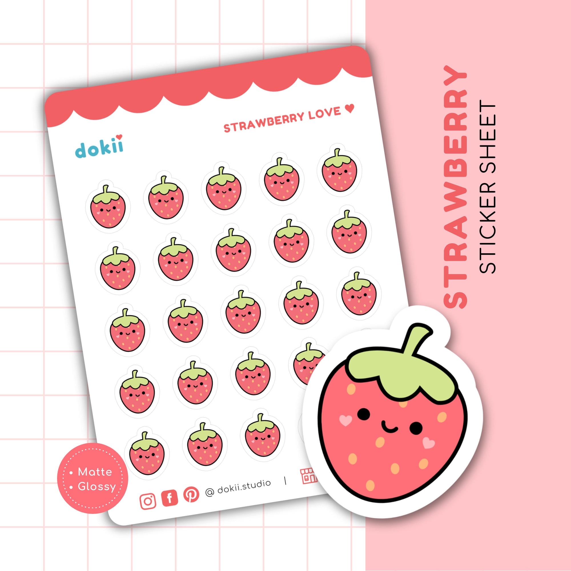 Kawaii Strawberry Sticker Sheet | 25 Cute Strawberry Planner Stickers ...