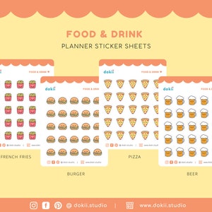 May include: A set of planner sticker sheets featuring cute cartoon illustrations of food and drinks. The sheets include french fries, burgers, pizza, and beer.