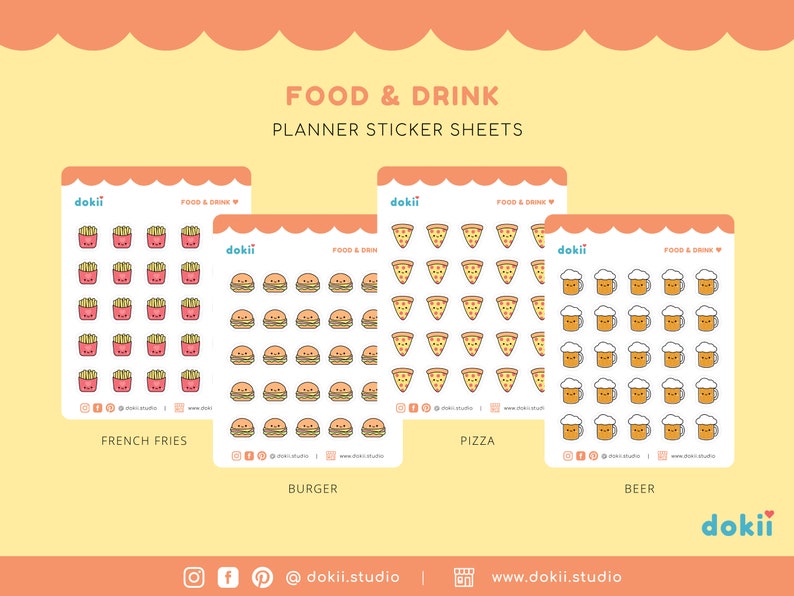 May include: A set of planner sticker sheets featuring cute cartoon illustrations of food and drinks. The sheets include french fries, burgers, pizza, and beer.