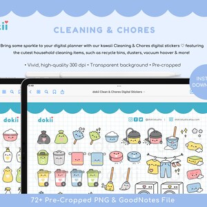 Adesivi digitali per le pulizie kawaii / 73+ adesivi digitali per le faccende domestiche carini GoodNotes Planner, icone PNG pre-ritagliate per le pulizie di primavera immagine 2