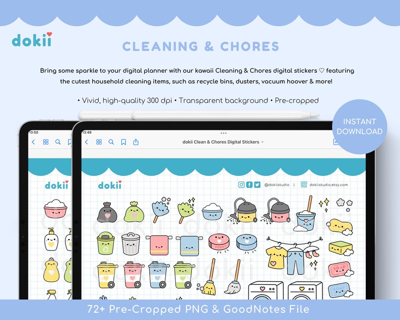 Adesivi digitali per le pulizie kawaii / 73+ adesivi digitali per le faccende domestiche carini GoodNotes Planner, icone PNG pre-ritagliate per le pulizie di primavera immagine 2