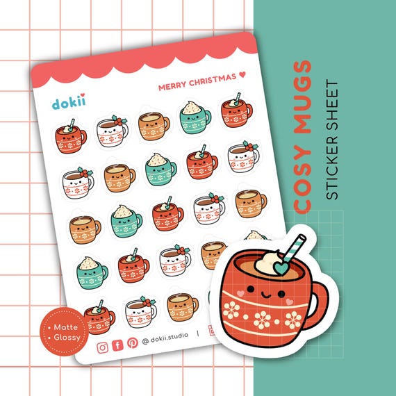 Christmas Cosy Mug Sticker Sheet | Cute Christmas Planner Stickers Hot Choco Planner Sticker Kawaii Coffee Planner Stickers Coffee Latte