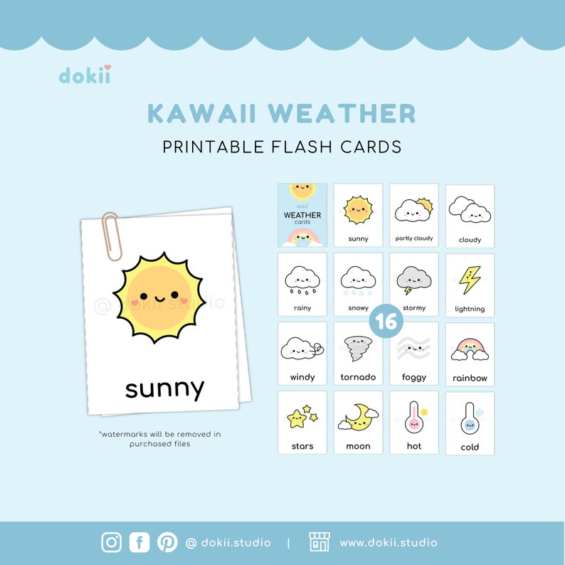 16 Kawaii Weather Flash Cards | Digital Printable Weather Cards ...