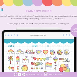 May include: A digital sticker pack featuring rainbow-themed illustrations, including a pride flag, hearts, rainbows, and the text "Love is Love" and "Pride Day".