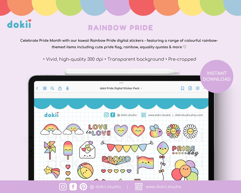 May include: A digital sticker pack featuring rainbow-themed illustrations, including a pride flag, hearts, rainbows, and the text "Love is Love" and "Pride Day".