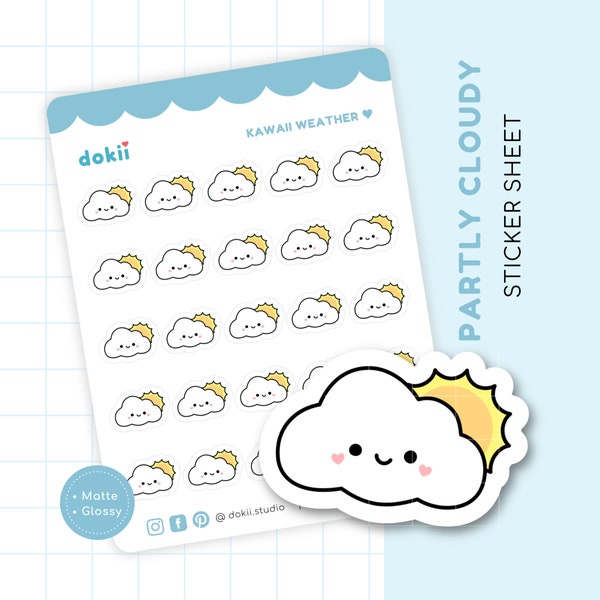 Partly Cloudy Sticker Sheet |  Cute Weather Planner Sticker Partly Cloudy Weather Tracker Icon Sticker Partly Sun & Cloud Kawaii Stickers