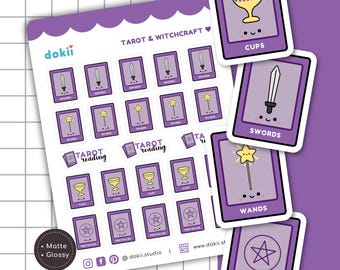 May include: A set of 20 stickers featuring cute cartoon illustrations of tarot cards. The stickers are purple with white outlines and feature the four suits: Cups, Swords, Wands, and Pentacles. The stickers are labeled with the suit names and have the text "Tarot & Witchcraft" at the top.