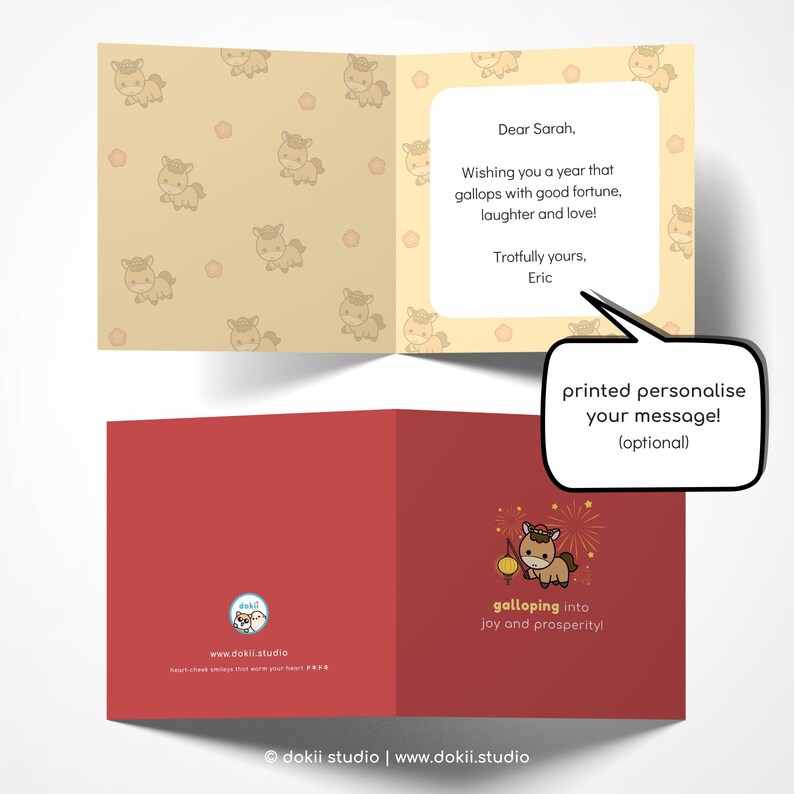 May include: A greeting card with a red cover and a tan interior. The interior has a repeating pattern of cartoon horses. The cover features a cartoon horse with fireworks and the text "Galloping into joy and prosperity!"