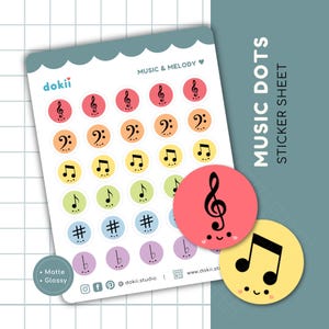 Könnte beinhalten: Eine Blatt mit bunten Musiknoten-Stickern mit verschiedenen musikalischen Symbolen, darunter Violinschlüssel, Noten, Kreuze, Bs und eine Musiknote mit einem Smiley. Das Blatt ist mit "Music Dots Sticker Sheet" beschriftet.