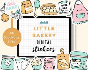 Puede incluir: Un conjunto de más de 40 pegatinas digitales para GoodNotes y PNG con lindas ilustraciones de dibujos animados de suministros para hornear y golosinas. Las pegatinas incluyen un batidor, cucharas medidoras, una bolsa de harina, una espátula, una caja de huevos, un cupcake, un delantal, una báscula, una taza medidora, un cupcake, un libro de recetas, una tabla de cortar, un rodillo y una batidora de pie.