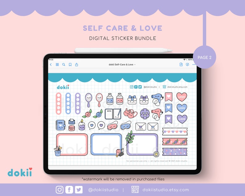 Kawaii Self-care & Love Digital Stickers | 83+ Cute Aesthetic Icons ...