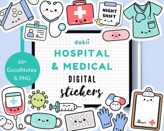 Kawaii Hospital & Medical Digital Sticker Pack | Cute Medical GoodNotes September Planner Stickers PNG Health Pill Tracker NHS worker