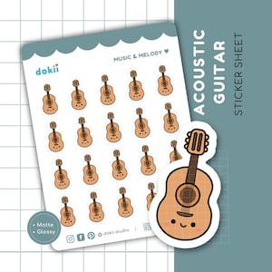 Stickervel akoestische gitaar | Leuke gitaarplannerstickers Gitaarles, student gitaar en leraar Kawaii stickers akoestische gitaar