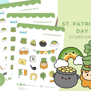 Jolie feuille d'autocollants pour la Saint-Patrick | Sticker agenda irlandais Kawaii Mars - Trèfle porte-bonheur vert trèfle d'Irlande, arc-en-ciel, pot d'or Royaume-Uni