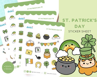 Cute St. Patrick's Day Sticker Sheet | Kawaii Irish Planner Sticker March - Green Ireland Shamrock Lucky Clover, Rainbow, Pot of Gold UK