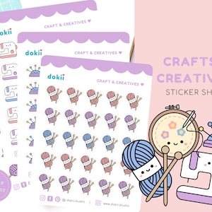 Feuilles d'autocollants créatifs kawaii | Stickers tricot, stickers pour crochet, stickers pour broderie, stickers pour agenda de couture Crafters Handmade