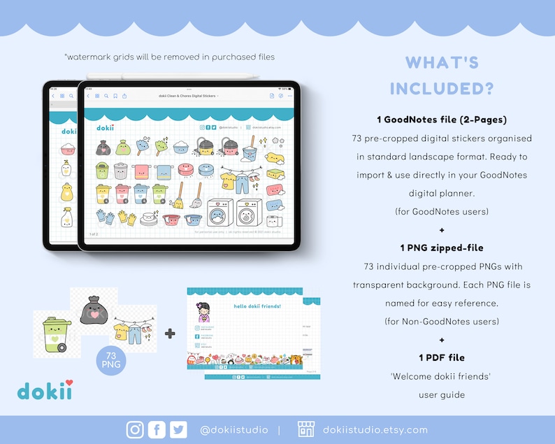 Adesivi digitali per le pulizie kawaii / 73+ adesivi digitali per le faccende domestiche carini GoodNotes Planner, icone PNG pre-ritagliate per le pulizie di primavera immagine 3