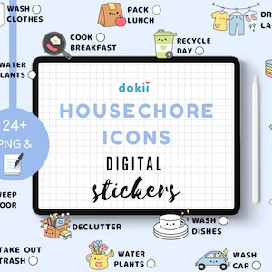 Cute House Chores Icon Digital Sticker Bundle | 24+ Kawaii Cleaning Pre-Cropped PNG & GoodNotes November Planner Sticker File Download