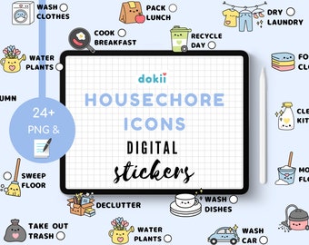 Cute House Chores Icon Digital Sticker Bundle | 24+ Kawaii Cleaning Pre-Cropped PNG & GoodNotes November Planner Sticker File Download