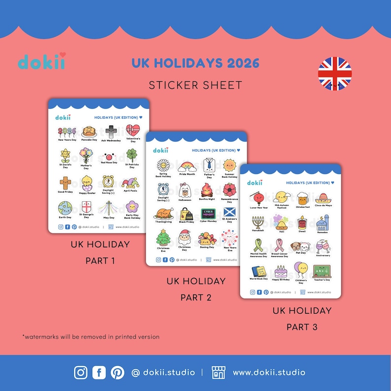 2026 UK Holidays Sticker Sheet | Cute UK Yearly Events Planner Stickers ...